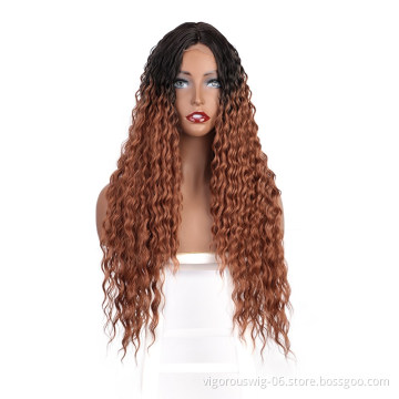 Vigorous High Quality Temperature Root Black Ombre Brown Small Lace Frontal Deep Wave Synthetic Hair Wig For Women